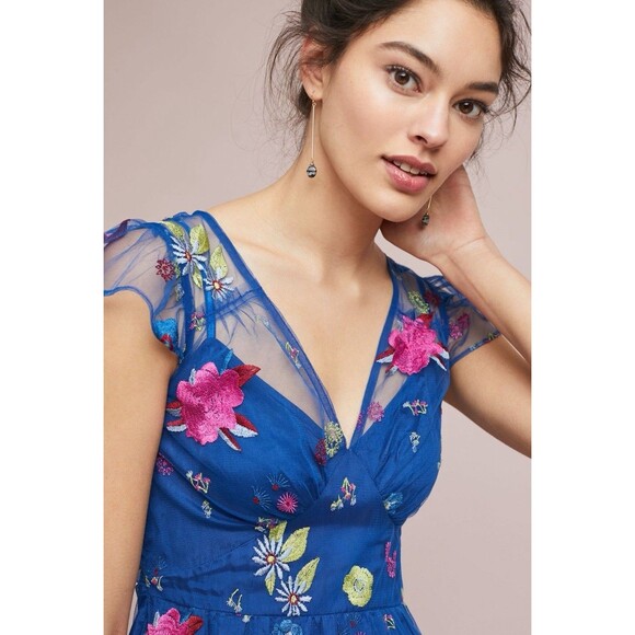 Anthropologie‎ TRACY REESE Midi Dress Size 12P Embroidered Topaz Blue Floral - Picture 5 of 16